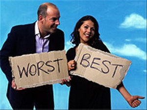 Man and woman holding best and worse signs.